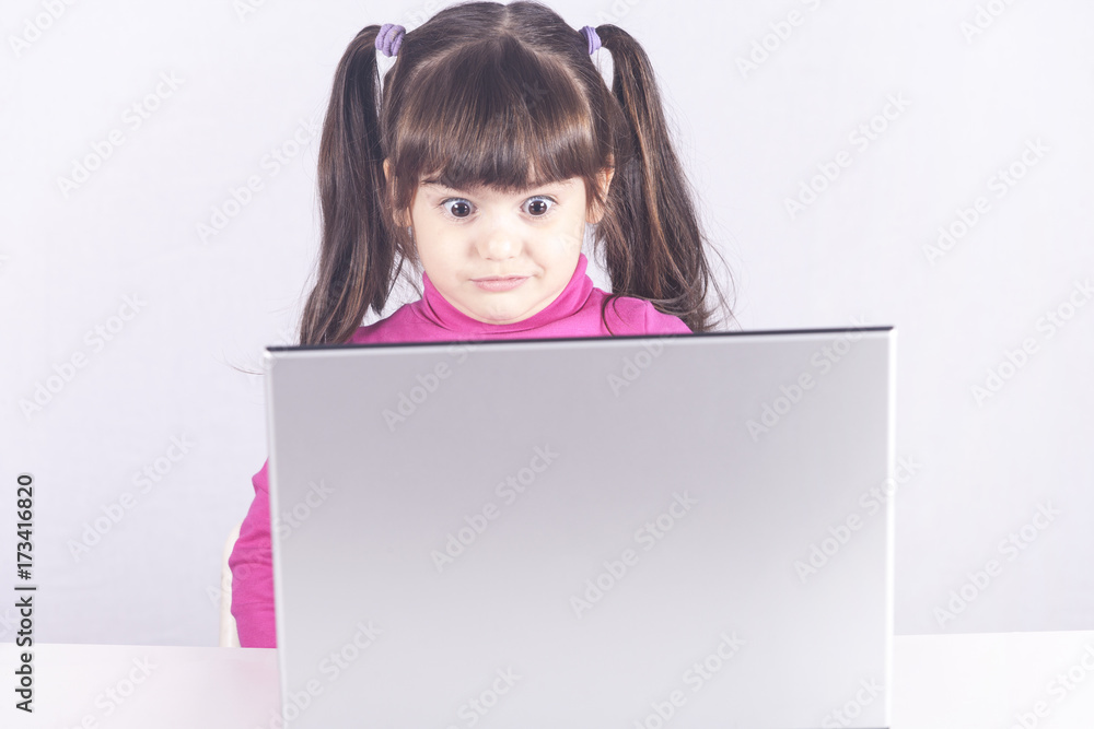 Little girl reacts with shock after accidentally watching inappropriate content while surfing the internet. Internet safety and parental control concept Little girl reacts with shock after accidentally watching inappropriate content while surfing the internet. Internet safety and parental control concept