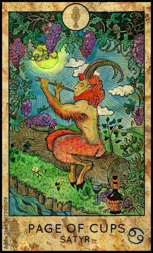 Satyr. Minor Arcana Tarot Card. Page of Cups. Fantasy graphic illustration