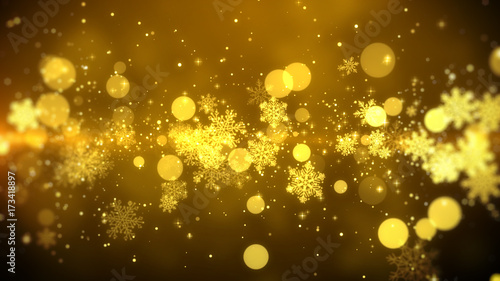 Golden bokeh and snowflakes lights on gold background with Christmas theme.