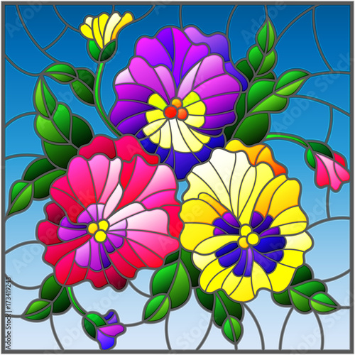 Illustration in stained glass style with flowers  buds   leaves and flowers of pansy