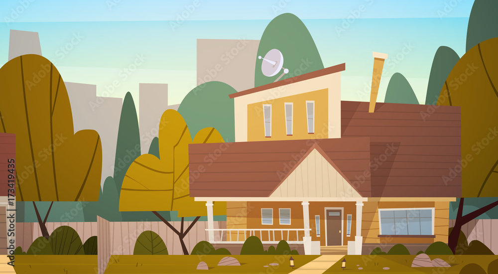 House Building Suburb Of Big City In Summer, Cottage Real Estate Cute Town Concept Flat Vector Illustration