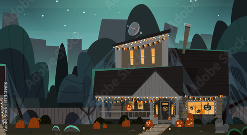 House Decorated For Halloween Home Building Front View With Different Pumpkins, Bats Holiday Celebration Concept Flat Vector Illustration
