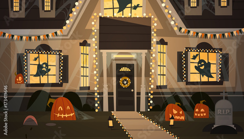 House Decorated For Halloween Home Building Front View With Different Pumpkins, Bats Holiday Celebration Concept Flat Vector Illustration