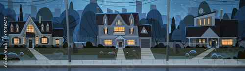 Houses Night View Suburb Of Big City, Cottage Real Estate Cute Town Concept Flat Vector Illustration