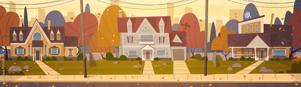 Houses Suburb Of Big City In Autumn, Cottage Real Estate Cute Town Concept Flat Vector Illustration
