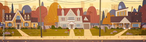 Houses Suburb Of Big City In Autumn, Cottage Real Estate Cute Town Concept Flat Vector Illustration