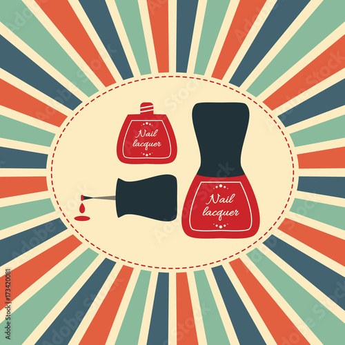 Vector illustration. Old nail polish bottle with red lacquer drop in vintage style.