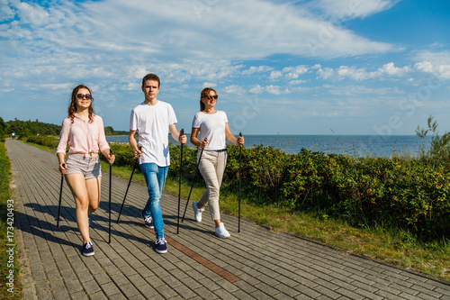 Nordic walking- Family training at seaside