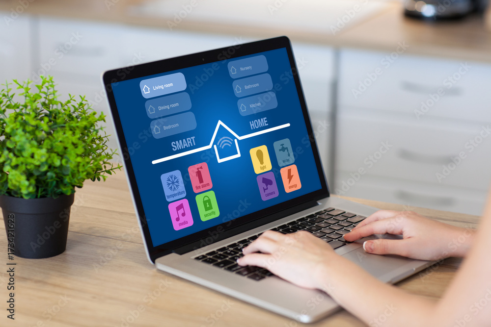 woman hands in laptop with app smart home room kitchen woman hands in laptop with app smart home room kitchen
