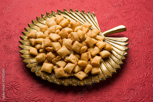 stock photo of  variety of Shakkar pare Also Know as Shakkarpare, Shakarpali, Shakkar Para, or Shankarpalli or shankar pale is a Snack Typically Made in India During Diwali
