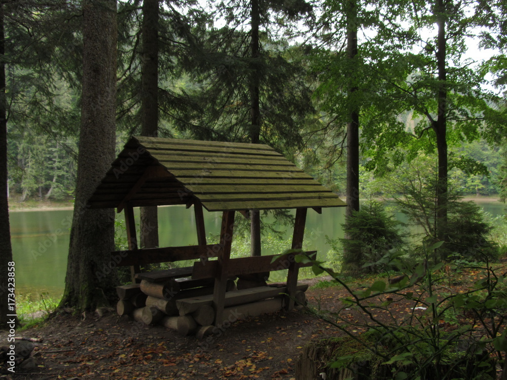 Wooden arbor for rest and picnic on the shore of a forest lake