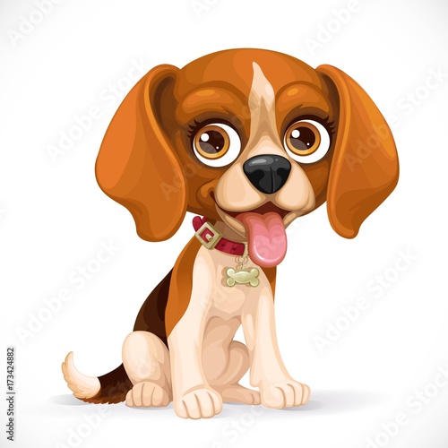 Cute cartoon lop-eared beagle little puppy sit on white floor isolated on a white background