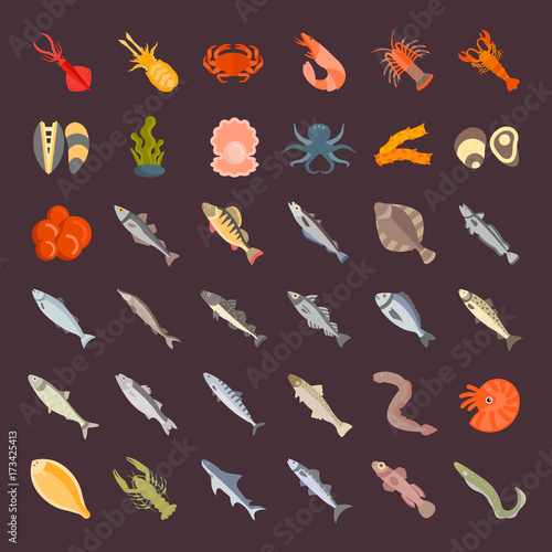 Set Vector Flat Icons of Seafood