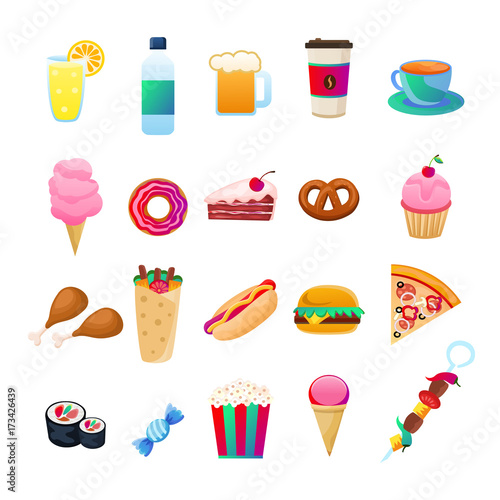 Set of colorful cartoon fast food icons. Isolated on white