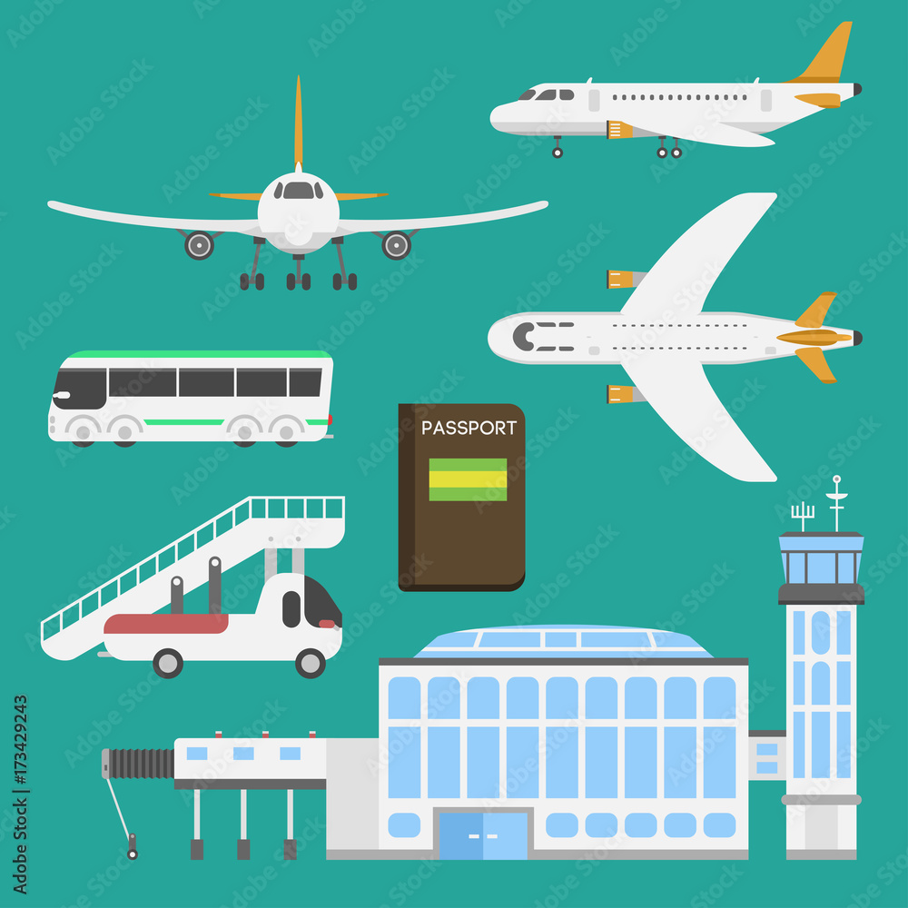 Plane airport transport symbols flat design illustration station concept air port symbols departure luggage plane business vector