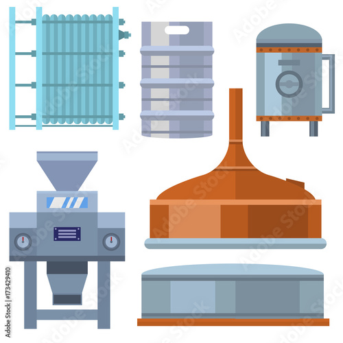Beer brewing process alcohol factory production equipment mashing boiling cooling fermentation vector illustration.