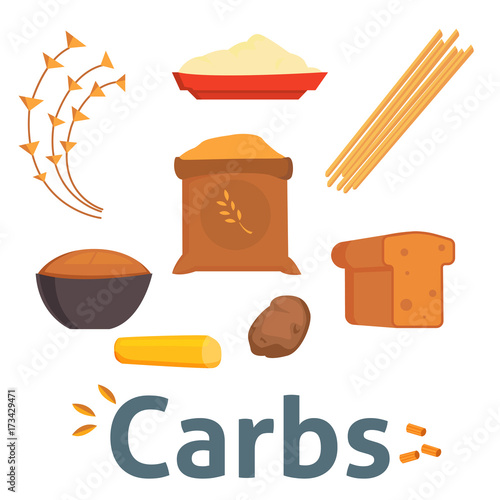 Food carbs isolated healthy ingredient bread diet meal carbohydrate group nutrition health superfood vector illustration