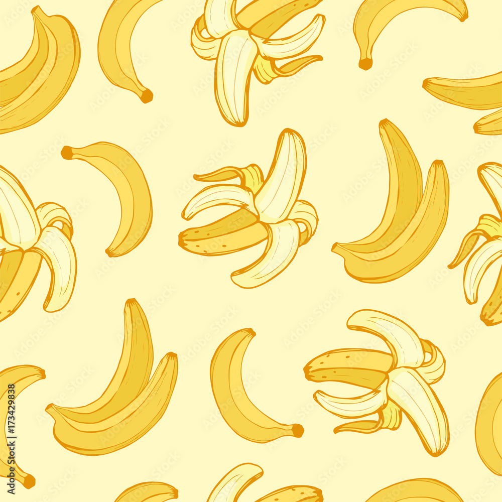 Cartoon fresh banana fruits in flat style seamless pattern food summer design vector illustration. Cartoon fresh banana fruits in flat style seamless pattern food summer design vector illustration.