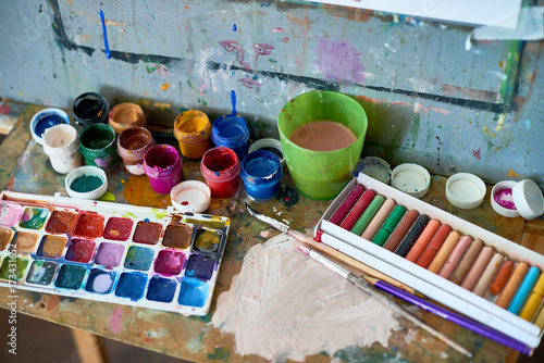 Background image of messy art supplies set on shelf of artists easel: watercolor and gouache paints, pastel chalk next to used paintbrushes and cup of water
