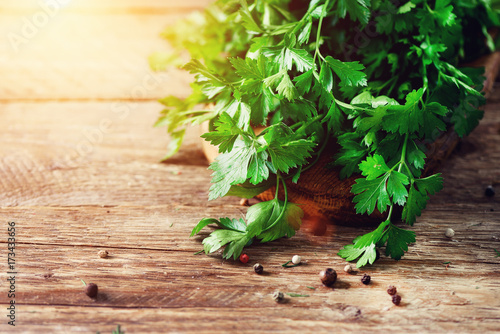 Fototapeta Naklejka Na Ścianę i Meble -  Bunch of fresh organic parsley on wooden background with copyspace, rustic and vintage style, selective focus, free space for your text