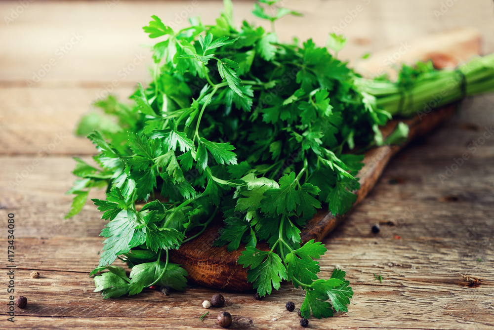 Bunch of fresh organic parsley on wooden background with copyspace, rustic and vintage style, selective focus, free space for your text Bunch of fresh organic parsley on wooden background with copyspace, rustic and vintage style, selective focus, free space for your text