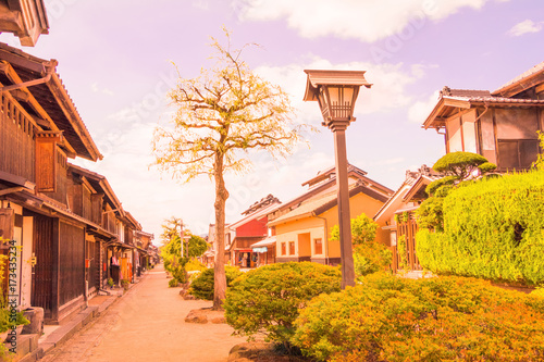 A road and The old  town  of Unno-juku is a post town and dozens of old buildings have been beautifully preserved  for the travelers of Hokkoku Road in Tomi-shi, Nagano Prefecture, JAPAN.