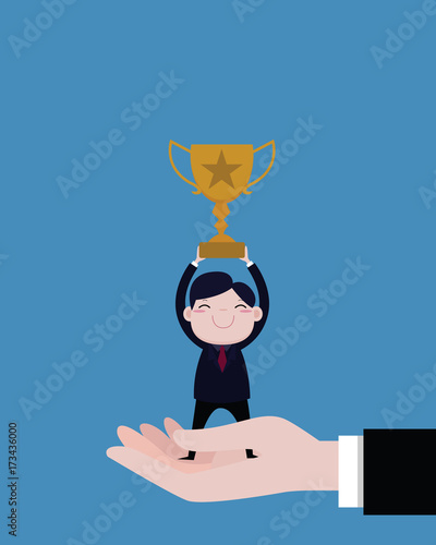 Businessmen holding trophies and stand in Big boss hand. concept business vector cartoon