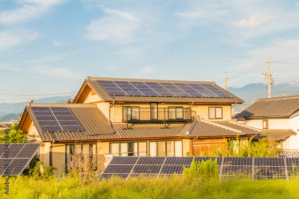 Obraz premium Solar power panels ,Photovoltaic modules for innovation green energy for life with blue sky background