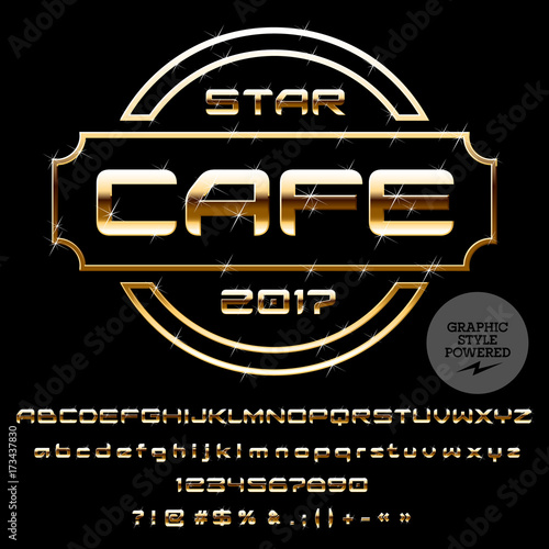 Vector Golden Logo Template for Star Cafe. Luxury set of Letters, Numbers, Symbols. Graphic Style Font