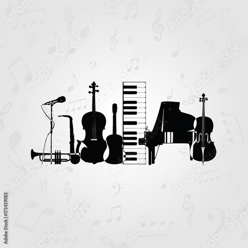 Music poster with music instruments. Black and white microphone  piano  saxophone  trumpet  violoncello  contrabass and guitar vector illustration design
