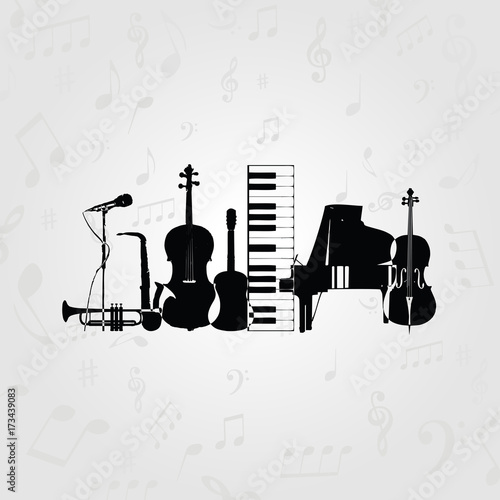 Music poster with music instruments. Black and white microphone, piano, saxophone, trumpet, violoncello, contrabass and guitar vector illustration design