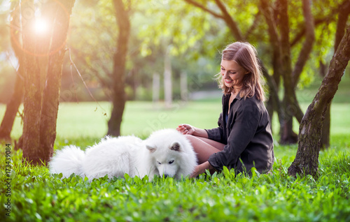 Fototapeta Naklejka Na Ścianę i Meble -  Samoyed dog with her owner at the park playing together