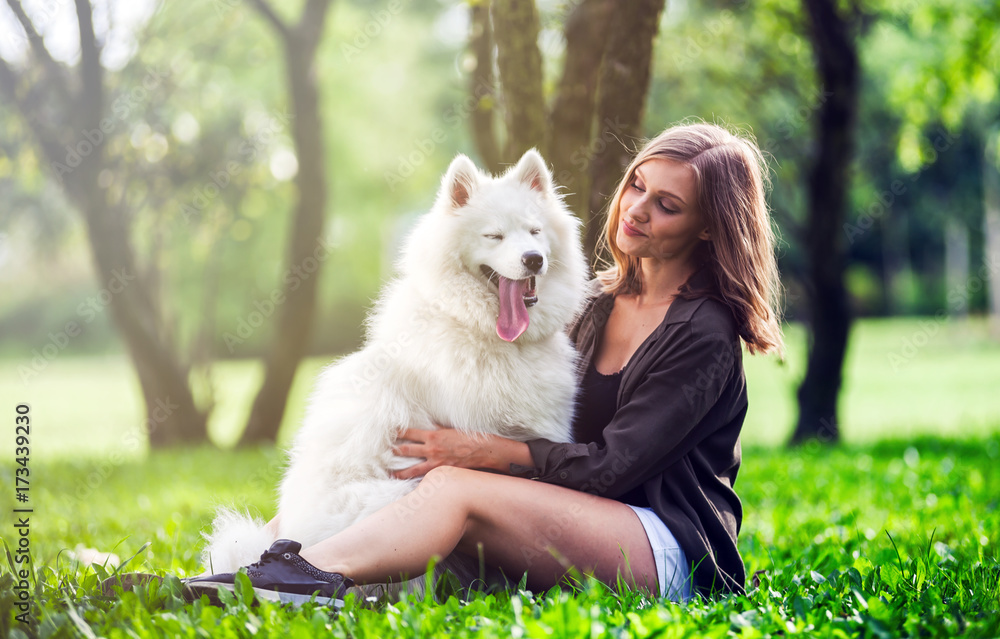Samoyed dog with her owner at the park playing together Samoyed dog with her owner at the park playing together