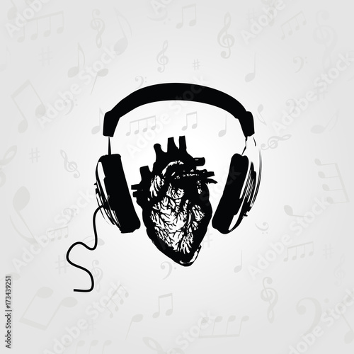 Music design. Listening to music. Black and white headphones with human heart vector illustration