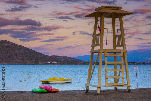 Lifeguard tower at sunset, Elounda, Crete, Greece.