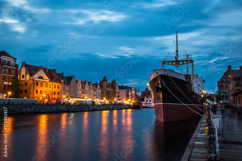 Museum ship Soldek and Motlawa river at night in Gdansk, Pomorze, Poland