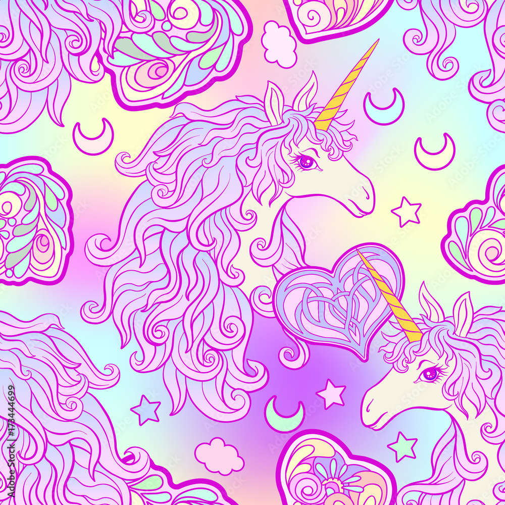 Unicorn with multicolored mane, butterfly rainbow, star and love