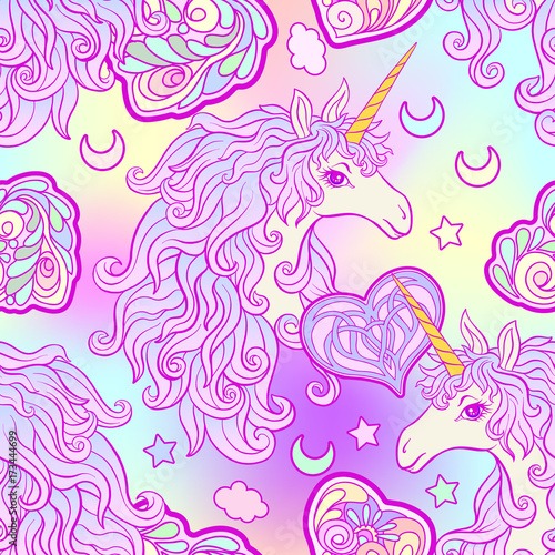 Unicorn with multicolored mane, butterfly rainbow, star and love