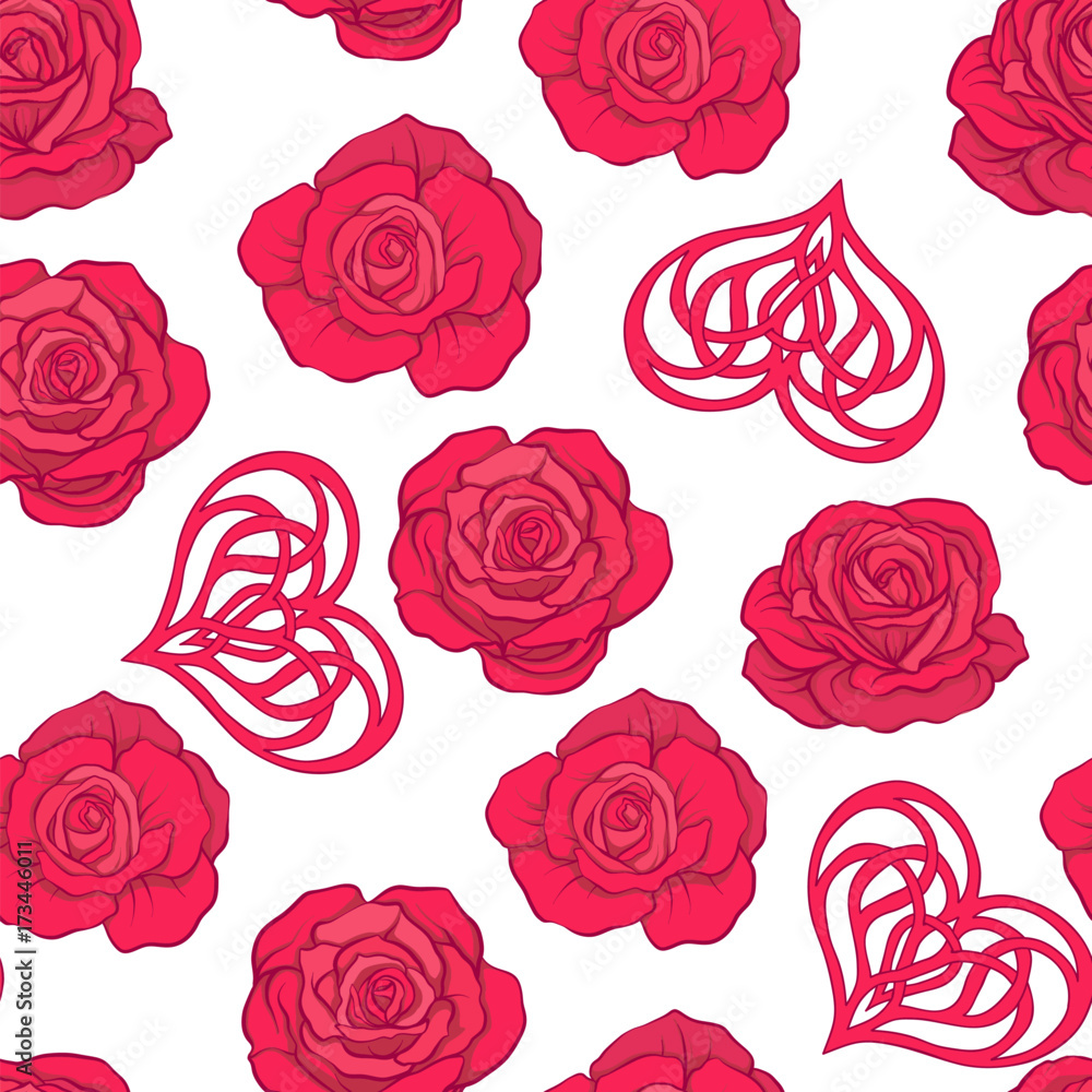 Seamless pattern with red roses and love heart on white backgrou Seamless pattern with red roses and love heart on white backgrou