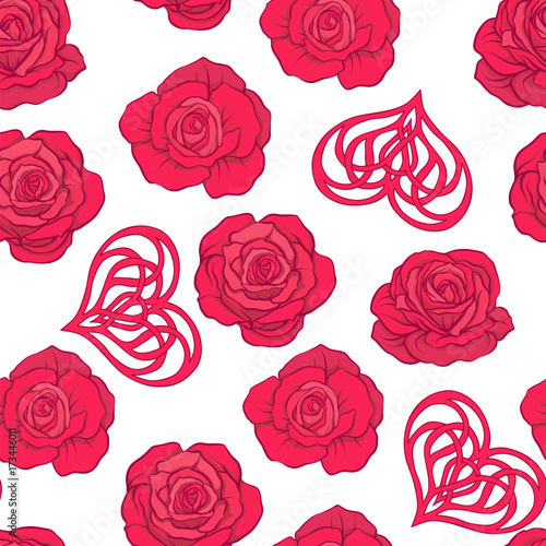 Seamless pattern with red roses and love heart on white backgrou