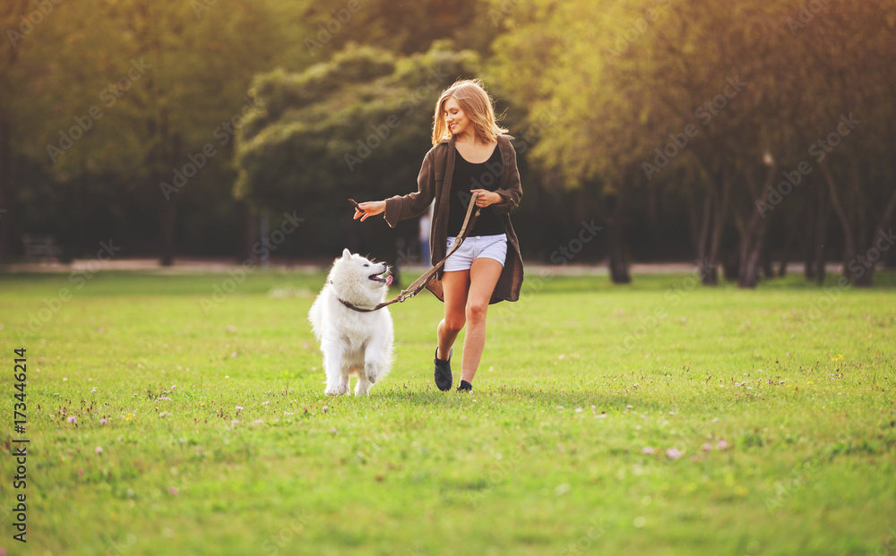 Pretty girl playing and running with samoyed dog at the park Pretty girl playing and running with samoyed dog at the park