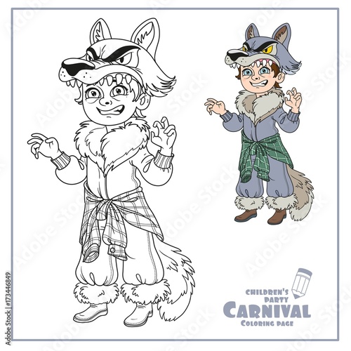 Cute boy in werewolf costume color and outlined for coloring page