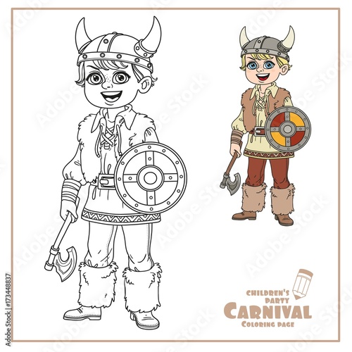 Cute boy in viking costume color and outlined for coloring page