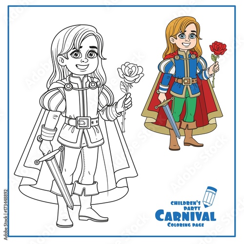 Cute boy in Prince Charming costume outlined for coloring page
