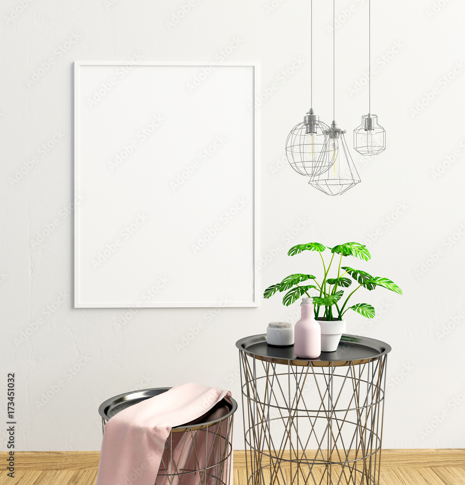 Modern interior of Scandinavian style. 3D illustration. poster mock up