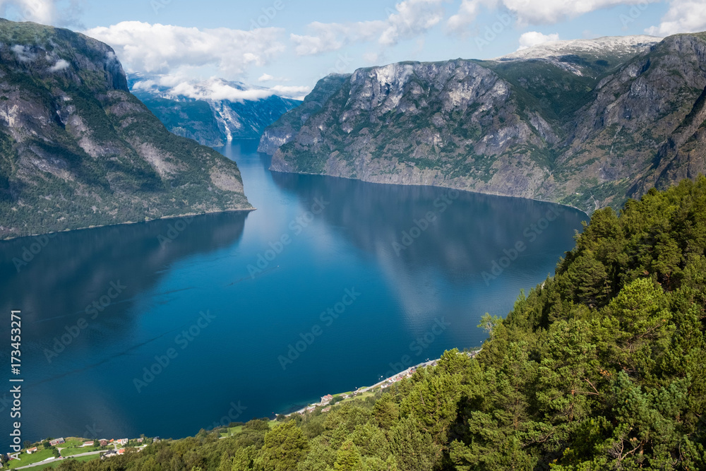 Beautiful Norway landscape with blue fjord and mountains at the summer. Aurlandsfjord view from the top.