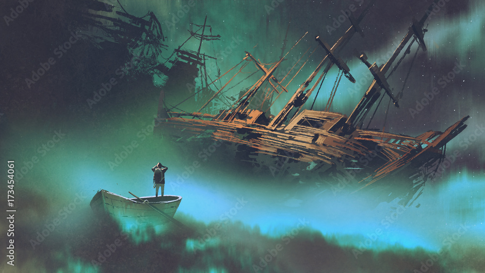 Fototapeta surrealistyczna sceneria mężczyzny na łodzi w kosmosie z chmurami, patrząc na opuszczony statek, styl sztuki cyfrowej, malarstwo ilustracyjne