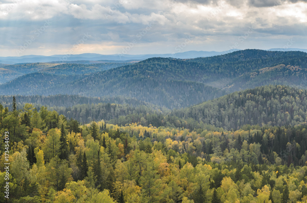 Golden autumn landscape in the mountains, Siberia, Russia