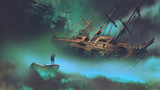 surreal scenery of the man on a boat in the outer space with clouds looking at derelict ship, digital art style, illustration painting
