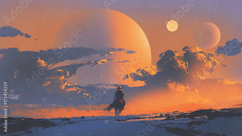 Obraz kowboj jedzie na koniu na tle zachodu słońca na tle nieba, cyfrowy styl sztuki, malarstwo ilustracyjne